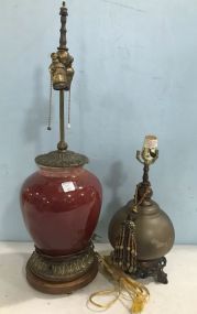 Red Glass Vase Lamp and Glass Footed Lamp