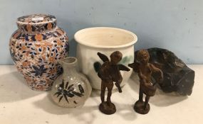 Decorative Pottery Vase, Planter, Cherubs, Glass dish