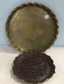 India Brass Charger and Ornate Carved Wood Plaque