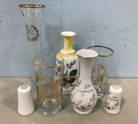 Golden 50 Anniversary Glass and Porcelain Vases