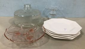 Glass Cake Stand, Pink Depression Footed Dish and Ironstone Plates