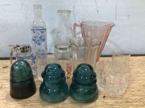 Clear Glass Bottles, Pink Depression Pitcher and Collectibles