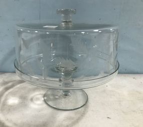 Etched Clear Glass Cake Stand