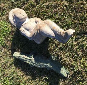 Concrete Fishing Boy Statue and Alligator
