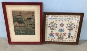Framed Needle Point and Village Scene Print