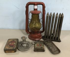 Vintage Lantern, New England Candle Mold, Candle Holder, and Tins
