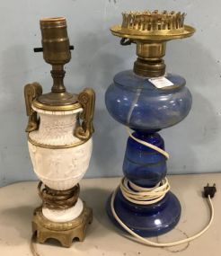 Grecian Style Lamp and Blue Glass Lamp