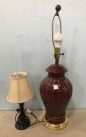 Maroon Glass Vase Lamp and Small Twist Style Table Lamp