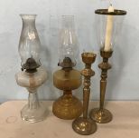 Two Oil Glass Lamps and Brass Candle Stands