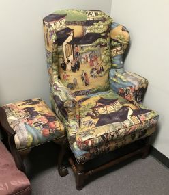 Oriental Style Wing Back Arm Chair and Footstool