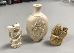 Small Oriental Carved Bone Figurines and Snuff Bottle