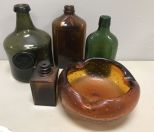 Green Glass Bottles and Art Glass Ashtray