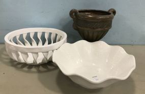 Ceramic Painted Urn and Milk Glass Bowls