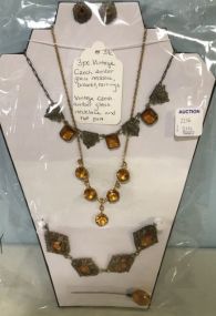 Three Piece Vintage Czech Amber Necklace, Bracelet, Earrings