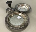 Group of Sterling Candle Holder, Glass bowl, and Bowl