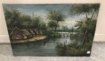 Vintage Oil Painting of Tribe by River