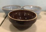 Pair of Blue Stoneware Pottery Bowls and Brown Glaze Stoneware Bowl