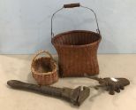 Two Woven Baskets, Iron Bug Decor, and Antique Wrench