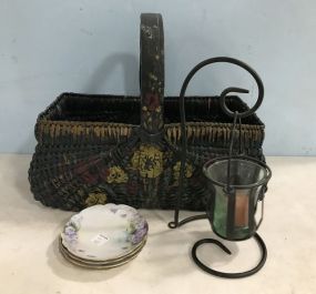 Painted Woven Handled Basket, Bavaria Plates, Metal Candle Stand