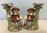 Kaldun & Bogle Porcelain Hand Painted Monkey Candle Holders