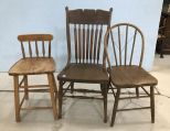 Antique Oak Pressed Back Side Chair, Bentwood Chair, and Stool