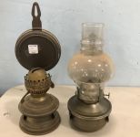 Two Brass Wall Sconce Oil Lamps
