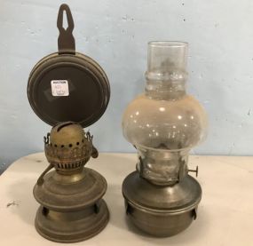 Two Brass Wall Sconce Oil Lamps