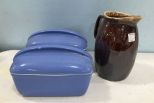 Two Blue Hall Pottery Container and Hull Glazed Pitcher