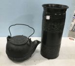 Vintage Iron Kettle and Metal Umbrella Stand