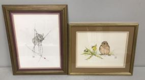 Pencil Drawing of Mouse and Bird Signed