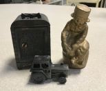 Two Vintage Iron Banks and Tractor Pencil Sharpener