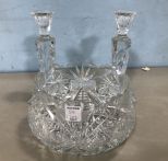 Cut Glass Bowl and Pressed Glass Candle Holders