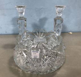 Cut Glass Bowl and Pressed Glass Candle Holders