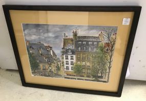 Mid Century Original Watercolor of Paris Street Singed Suz Mootz