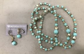 Old 1950's Blue and Cream Necklace and Earrings