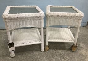 Pair of White Resin Wicker Side Tables