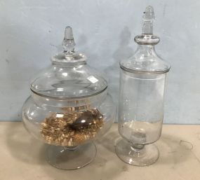 Two Large Clear Glass Container and Covered Compote