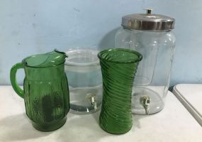 Two Glass Containers and Two Green Vase