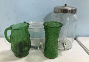 Two Glass Containers and Two Green Vase