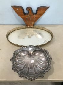 Vanity Mirrored Tray, Silver plate, wood Eagle Clock