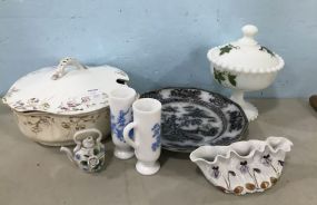 Porcelain Plates, Dish, Glass Cups, and Compote