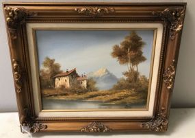 Oil Painting of Mountain Home Scene Signed