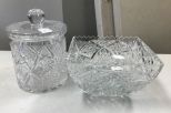 Pressed Glass Biscuit Jar and Cut Glass Bowl