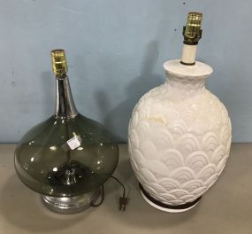 Large White Ceramic Lamp and Green Glass Lamp