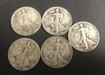 Five 1940's Walking Liberty Half Dollars