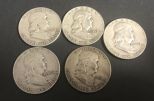 Five 1940's 1950's Ben Franklin Half Dollars