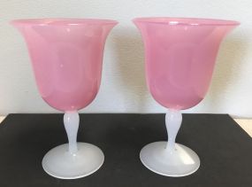 Steuben Set of 2 Rosaline Pink & Alabaster Wine Glasses