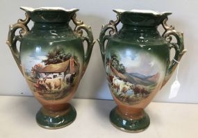 Pair of 19th Century Apple Green Hand Painted Vases Artist signed