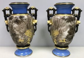 Pair of Old Paris Vases with Wooden Scene