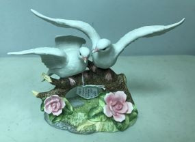 Vintage Pair White Doves Sitting On Log
